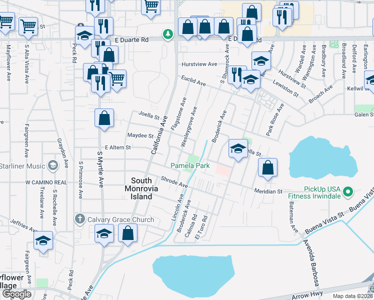 map of restaurants, bars, coffee shops, grocery stores, and more near 619 Maydee Street in Duarte