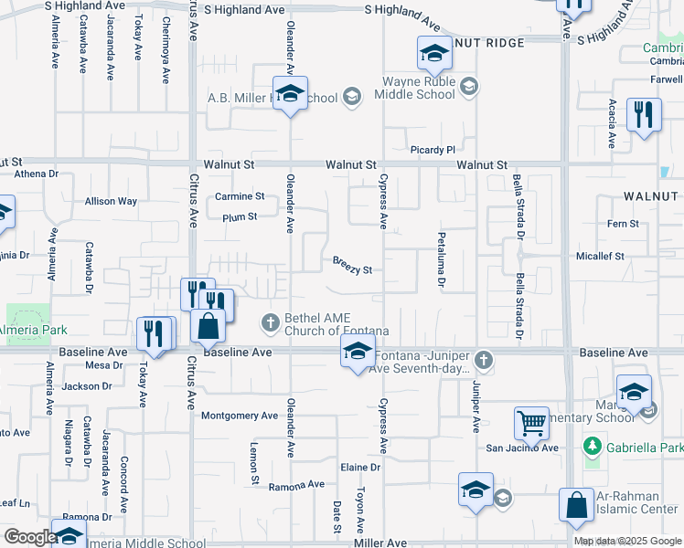 map of restaurants, bars, coffee shops, grocery stores, and more near 16380 Breezy Street in Fontana
