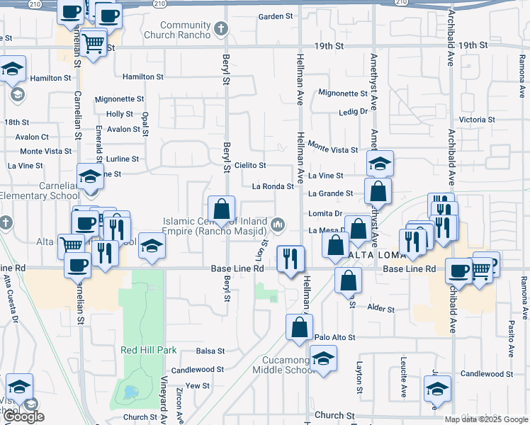 map of restaurants, bars, coffee shops, grocery stores, and more near 9198 Lomita Drive in Rancho Cucamonga