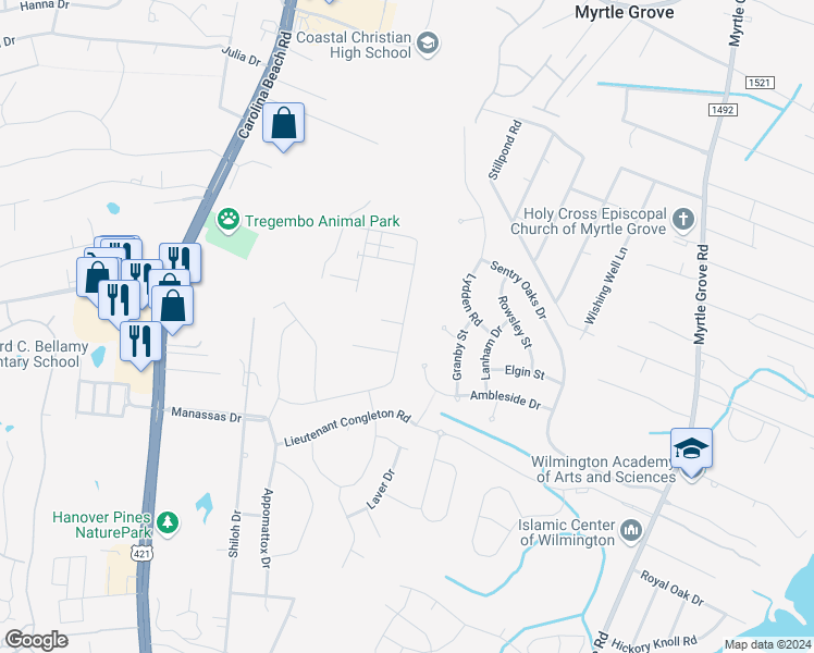 map of restaurants, bars, coffee shops, grocery stores, and more near 6005 Sweet Gum Drive in Wilmington