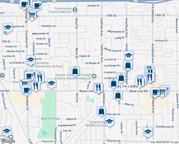 map of restaurants, bars, coffee shops, grocery stores, and more near 9198 Lomita Drive in Rancho Cucamonga