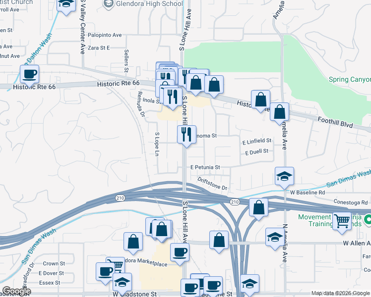 map of restaurants, bars, coffee shops, grocery stores, and more near 1225 South Lone Hill Avenue in Glendora