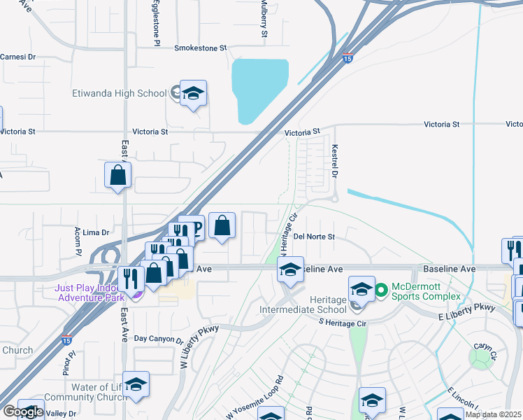 map of restaurants, bars, coffee shops, grocery stores, and more near in Fontana