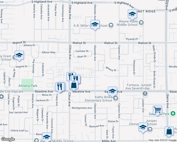 map of restaurants, bars, coffee shops, grocery stores, and more near 7155 Citrus Avenue in Fontana