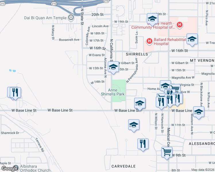 map of restaurants, bars, coffee shops, grocery stores, and more near 1404 North California Street in San Bernardino