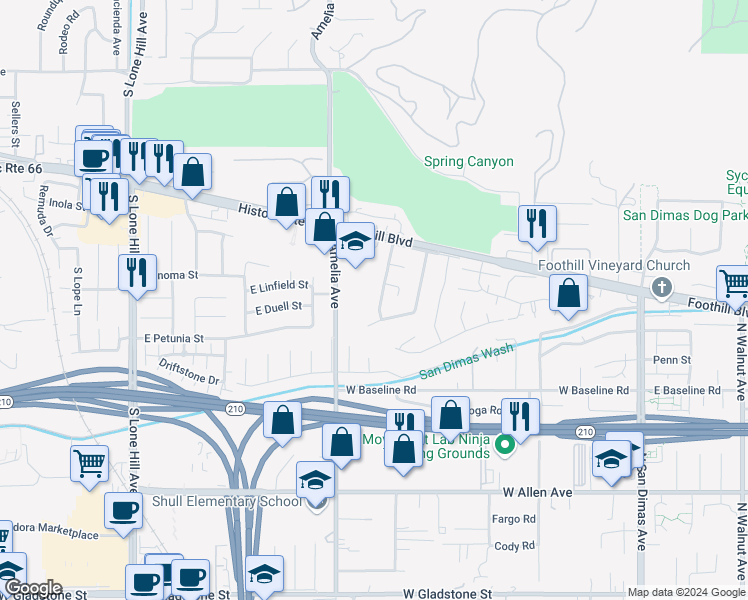 map of restaurants, bars, coffee shops, grocery stores, and more near 1325 North Birchnell Avenue in San Dimas