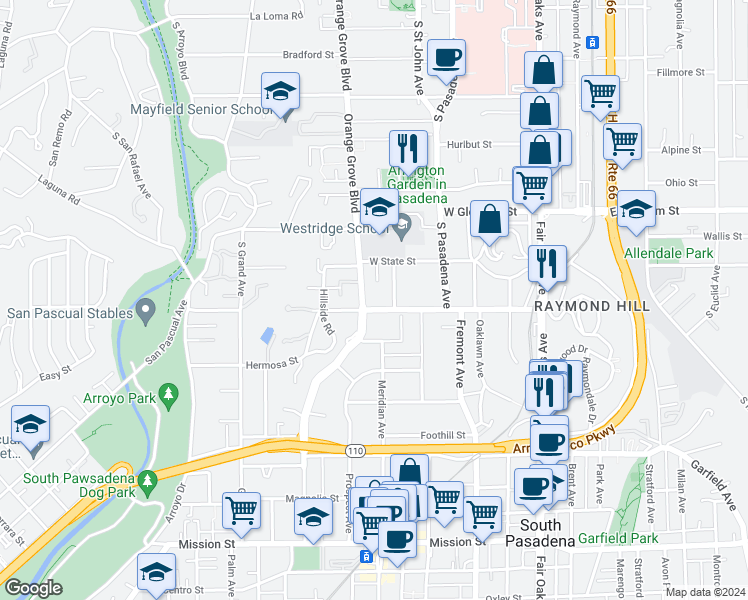 map of restaurants, bars, coffee shops, grocery stores, and more near 1250 South Orange Grove Boulevard in Pasadena