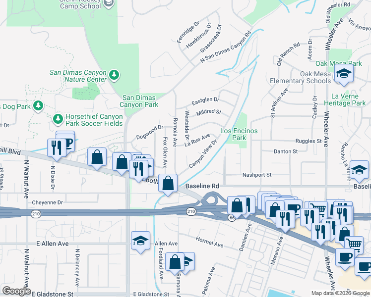 map of restaurants, bars, coffee shops, grocery stores, and more near 4715 Westside Drive in La Verne