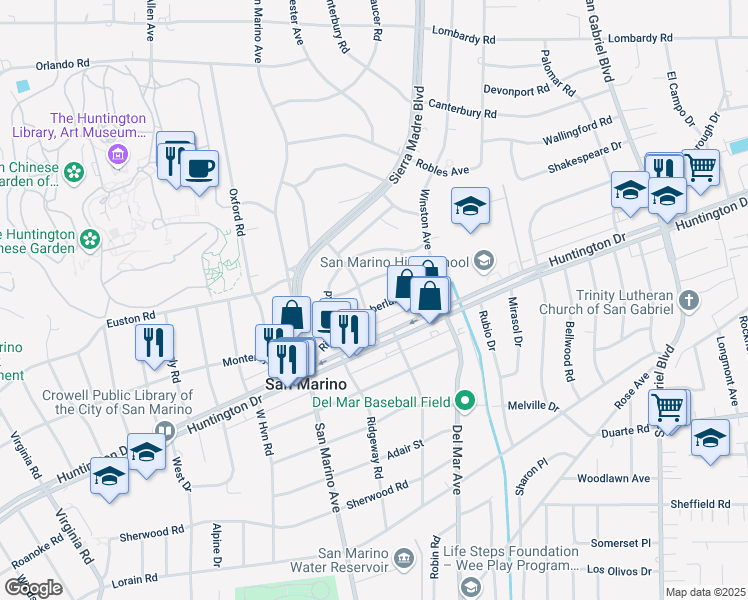 map of restaurants, bars, coffee shops, grocery stores, and more near 2415 Cumberland Road in San Marino