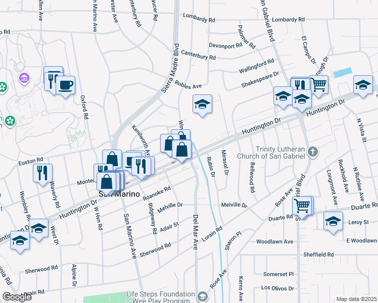 map of restaurants, bars, coffee shops, grocery stores, and more near 2555 Huntington Drive in San Marino