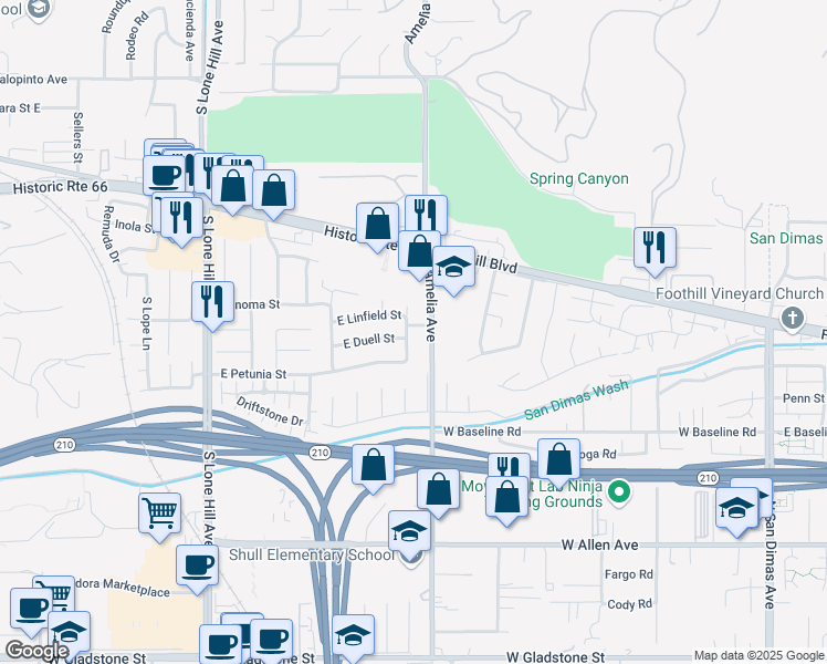 map of restaurants, bars, coffee shops, grocery stores, and more near 832 North Bradish Avenue in Glendora