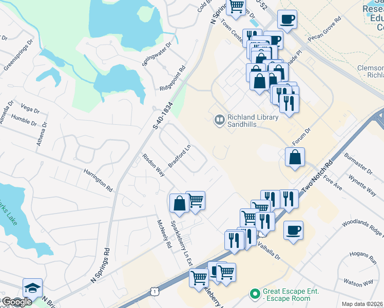 map of restaurants, bars, coffee shops, grocery stores, and more near 1216 Bradford Ridge Lane in Columbia