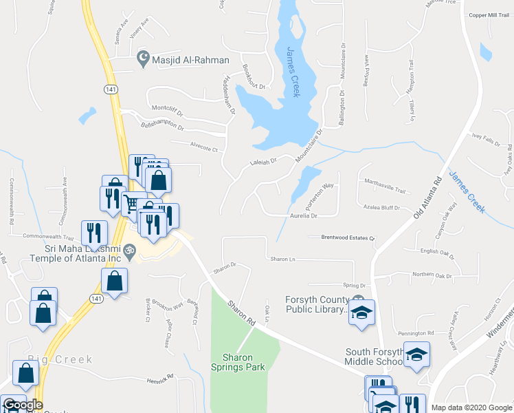 map of restaurants, bars, coffee shops, grocery stores, and more near 1530 Aurelia Drive in Cumming