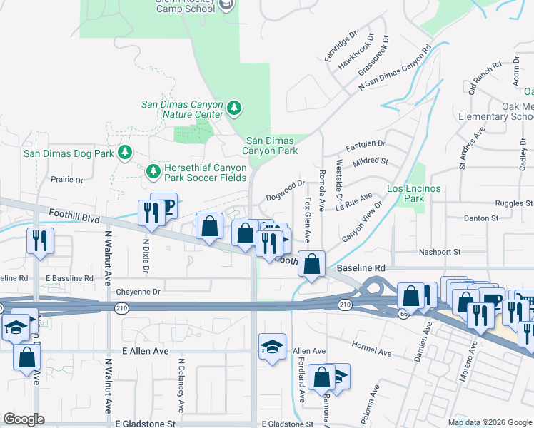 map of restaurants, bars, coffee shops, grocery stores, and more near 730 Dogwood Drive in La Verne