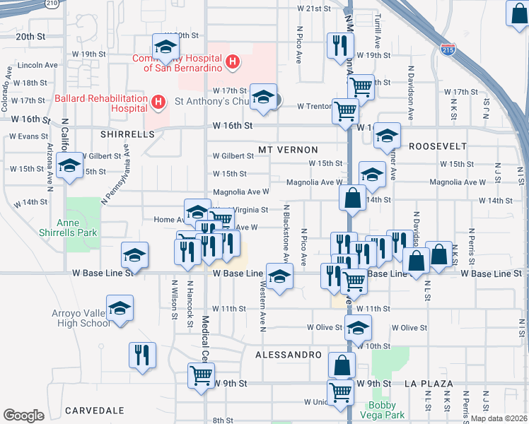 map of restaurants, bars, coffee shops, grocery stores, and more near 1525 Magnolia Avenue West in San Bernardino