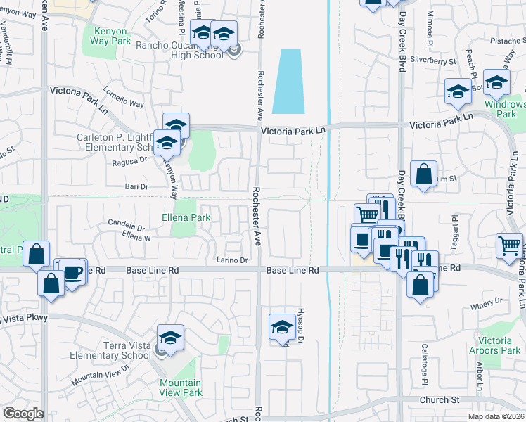 map of restaurants, bars, coffee shops, grocery stores, and more near 11934 Sagemont Drive in Rancho Cucamonga