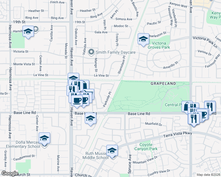 map of restaurants, bars, coffee shops, grocery stores, and more near 7132 Parkside Place in Rancho Cucamonga