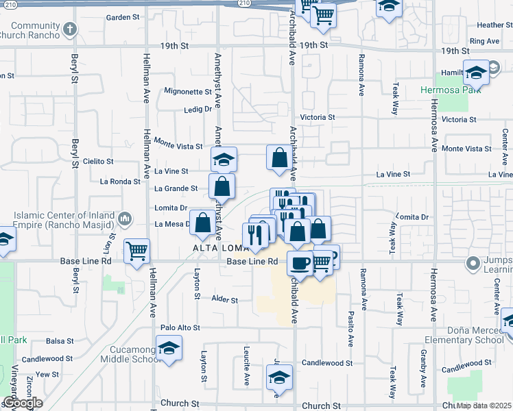 map of restaurants, bars, coffee shops, grocery stores, and more near 7104 Archibald Avenue in Rancho Cucamonga