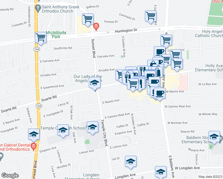 map of restaurants, bars, coffee shops, grocery stores, and more near 969 West Duarte Road in Arcadia