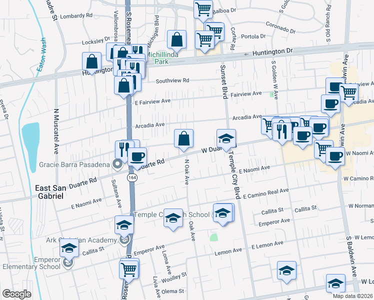 map of restaurants, bars, coffee shops, grocery stores, and more near 9169 East Greenwood Avenue in San Gabriel
