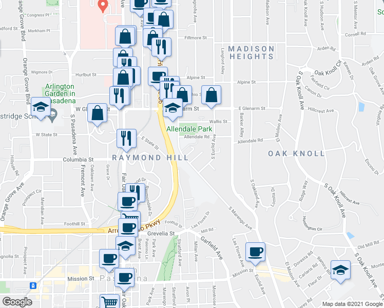 map of restaurants, bars, coffee shops, grocery stores, and more near 1200 South Marengo Avenue in Pasadena