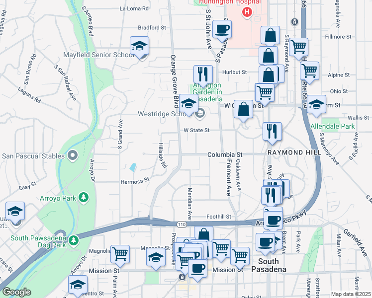map of restaurants, bars, coffee shops, grocery stores, and more near 1215 South Orange Grove Boulevard in Pasadena