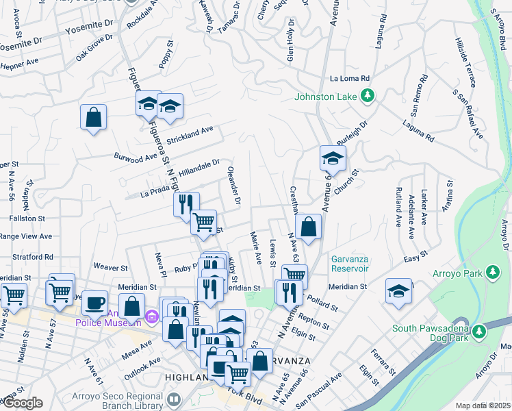 map of restaurants, bars, coffee shops, grocery stores, and more near 6251 Church Street in Los Angeles