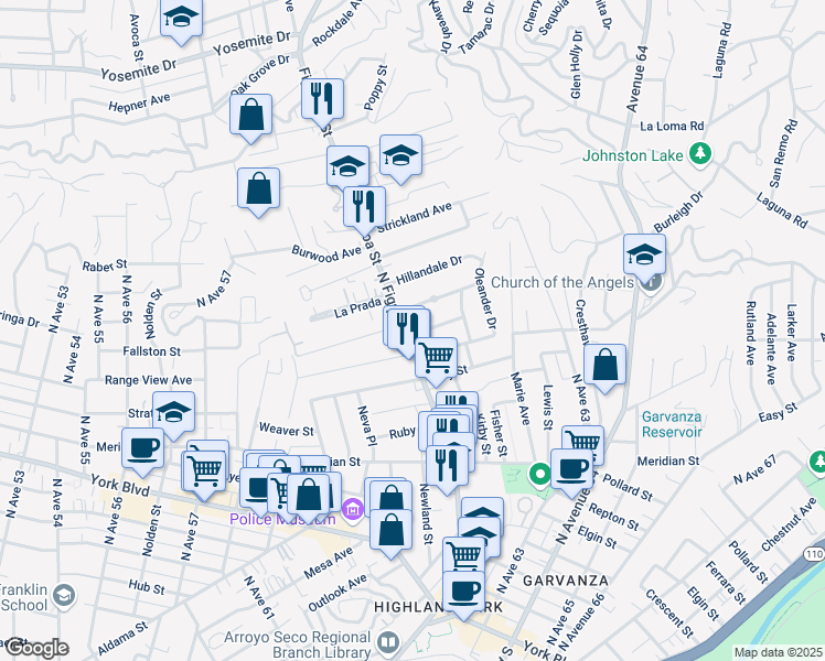 map of restaurants, bars, coffee shops, grocery stores, and more near 6170 Oak Crest Way in Los Angeles