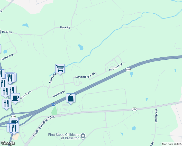 map of restaurants, bars, coffee shops, grocery stores, and more near 339 Summerbrook Road in Braselton
