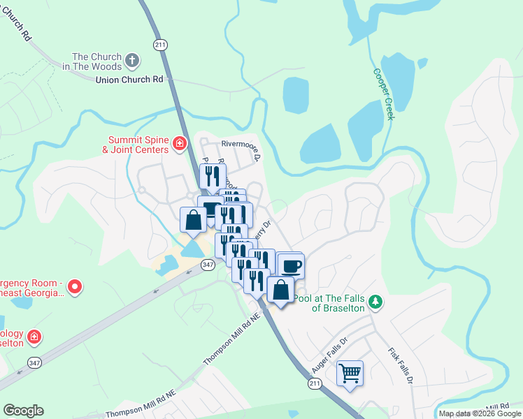 map of restaurants, bars, coffee shops, grocery stores, and more near 6041 Riverwood Drive in Braselton