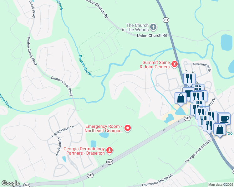 map of restaurants, bars, coffee shops, grocery stores, and more near 6261 Riverview Parkway in Braselton