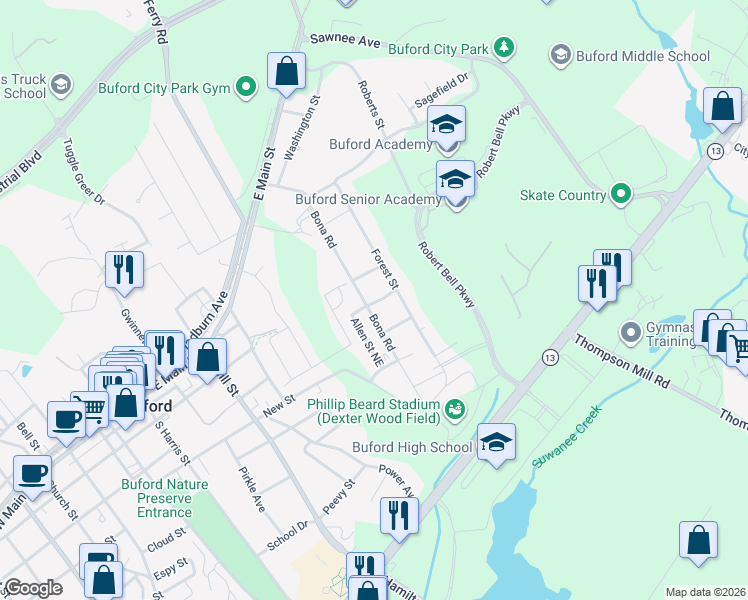 map of restaurants, bars, coffee shops, grocery stores, and more near 496 Bona Road in Buford