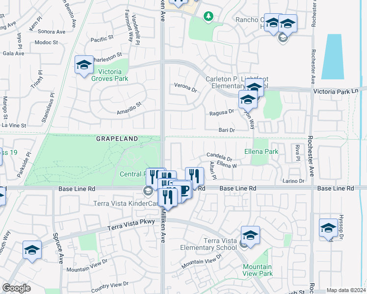 map of restaurants, bars, coffee shops, grocery stores, and more near 7131 Ravenswood Place in Rancho Cucamonga