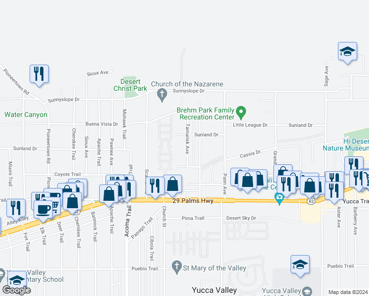 map of restaurants, bars, coffee shops, grocery stores, and more near 7092 Tamarisk Avenue in Yucca Valley