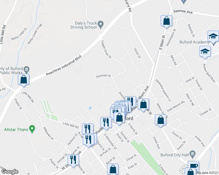 map of restaurants, bars, coffee shops, grocery stores, and more near 2190 Buford Town Drive in Buford