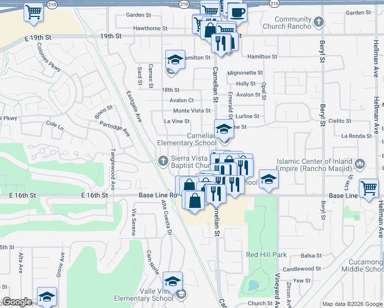 map of restaurants, bars, coffee shops, grocery stores, and more near 7143 Topaz Street in Rancho Cucamonga