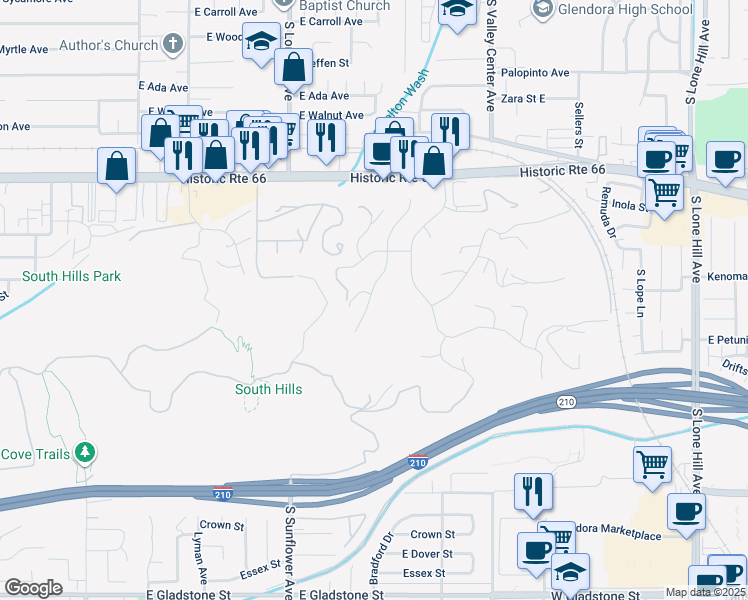 map of restaurants, bars, coffee shops, grocery stores, and more near 804 Puma Canyon Lane in Glendora