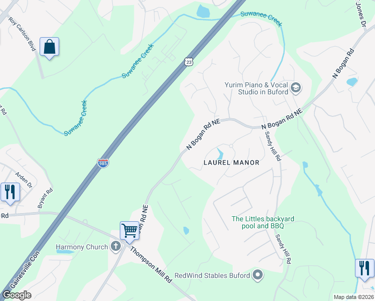 map of restaurants, bars, coffee shops, grocery stores, and more near 3273 North Bogan Road Northeast in Buford