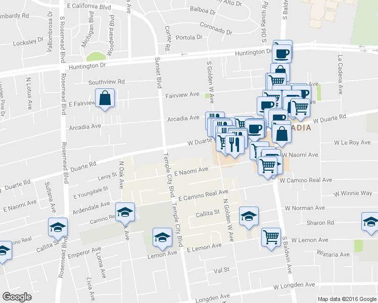 map of restaurants, bars, coffee shops, grocery stores, and more near 1004 West Duarte Road in Arcadia