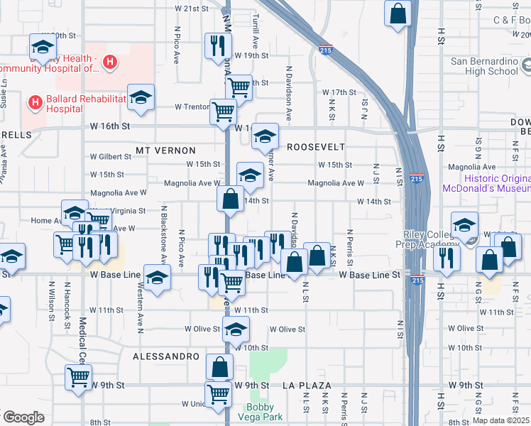 map of restaurants, bars, coffee shops, grocery stores, and more near 1236 West 14th Street in San Bernardino