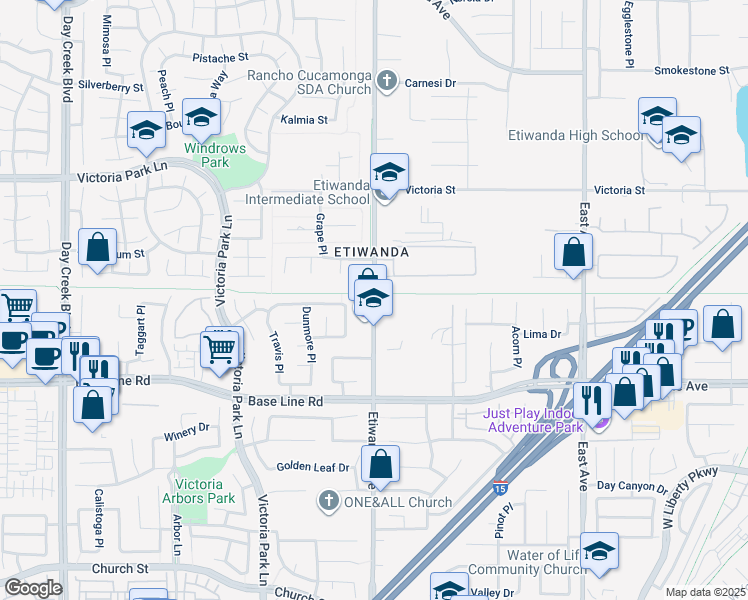 map of restaurants, bars, coffee shops, grocery stores, and more near Etiwanda Avenue in Rancho Cucamonga