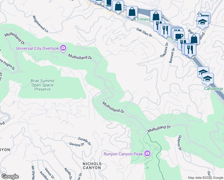 map of restaurants, bars, coffee shops, grocery stores, and more near 7470 Woodrow Wilson Drive in Los Angeles
