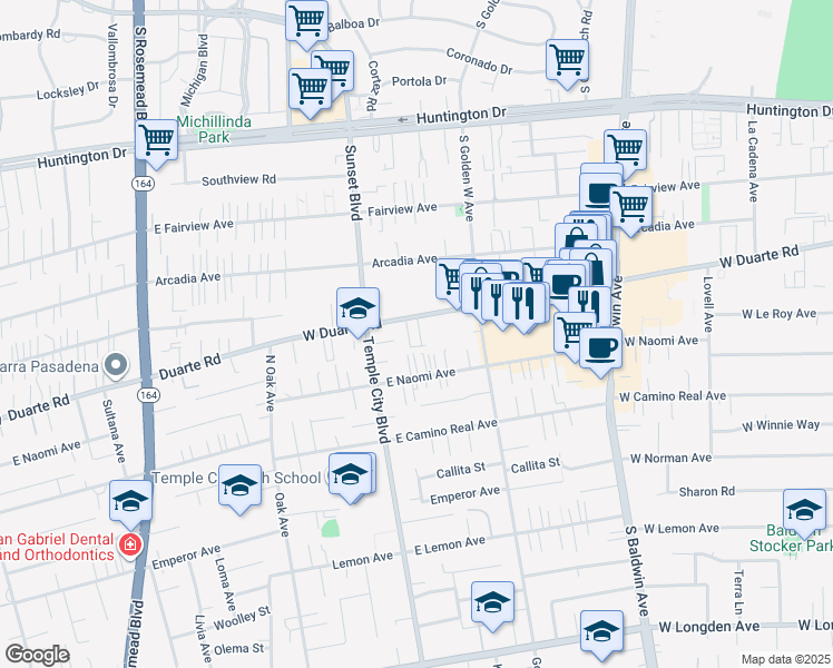 map of restaurants, bars, coffee shops, grocery stores, and more near 1004 West Duarte Road in Arcadia