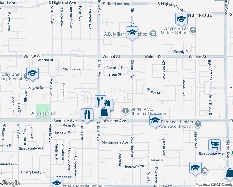 map of restaurants, bars, coffee shops, grocery stores, and more near in Fontana