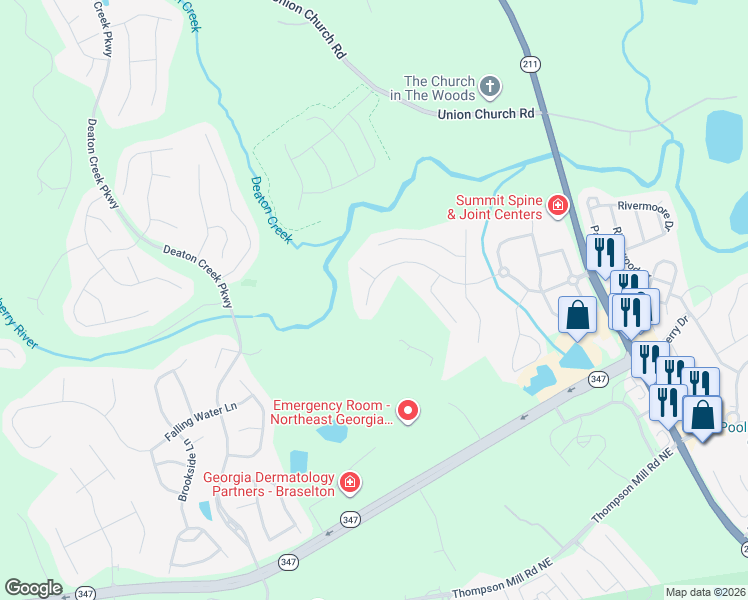 map of restaurants, bars, coffee shops, grocery stores, and more near 6261 Riverview Parkway in Braselton