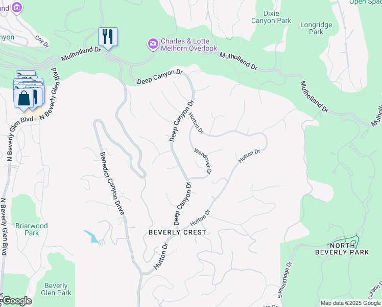map of restaurants, bars, coffee shops, grocery stores, and more near 9669 Wendover Drive in Beverly Hills