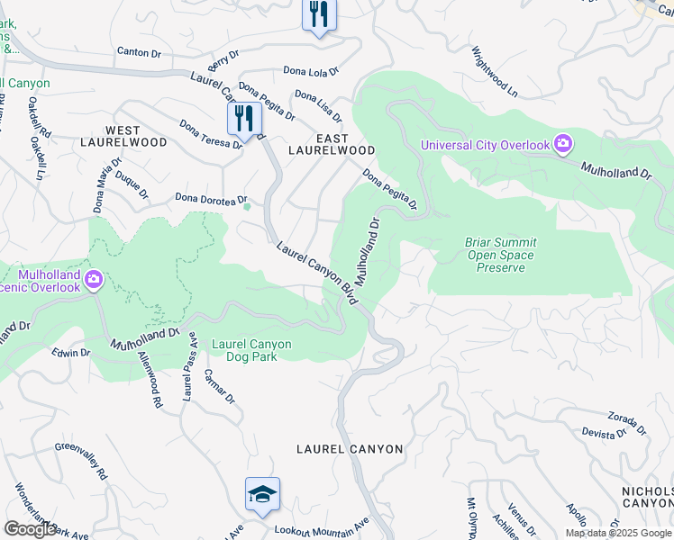 map of restaurants, bars, coffee shops, grocery stores, and more near 2925 Dona Susana Drive in Los Angeles
