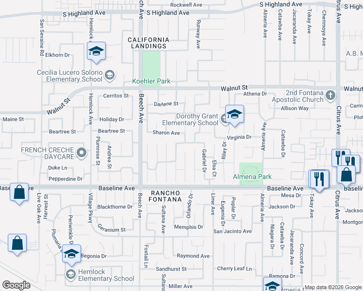 map of restaurants, bars, coffee shops, grocery stores, and more near 15467 Spruce Tree Way in Fontana