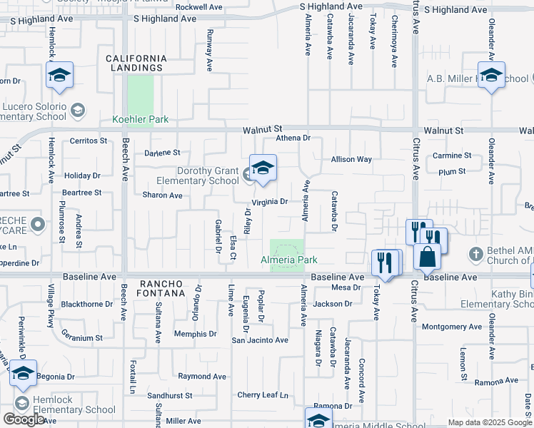 map of restaurants, bars, coffee shops, grocery stores, and more near 7125 Abigail Place in Fontana