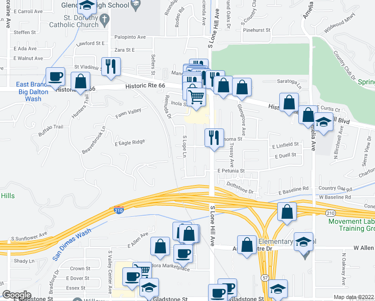 map of restaurants, bars, coffee shops, grocery stores, and more near 810 South Lope Lane in Glendora